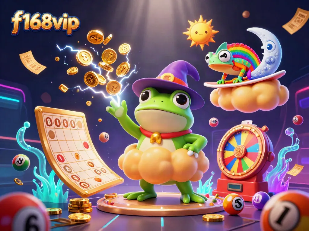 Engage with exciting f168vip gaming elements like coins, lottery balls, and vibrant prize wheels.