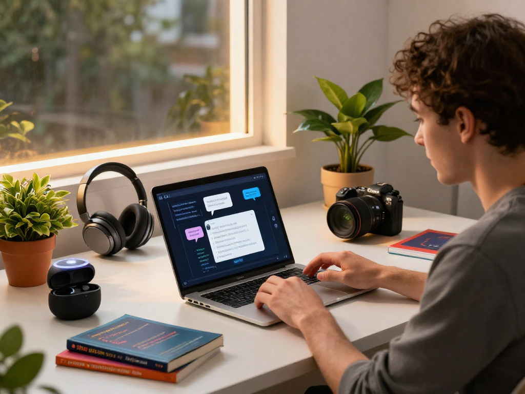 Engaging spicy ai chat interaction on modern tech workspace with laptop and vibrant plants.