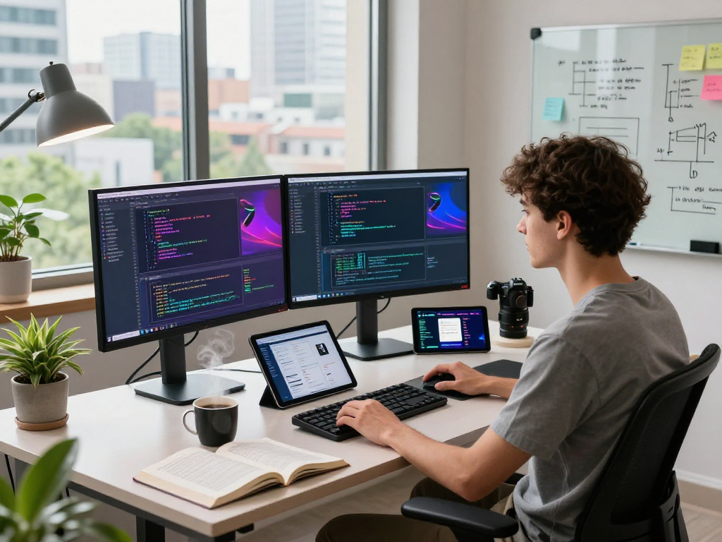 Engaging tech workspace illustrating hot ai development with vibrant coding screens and modern decor.
