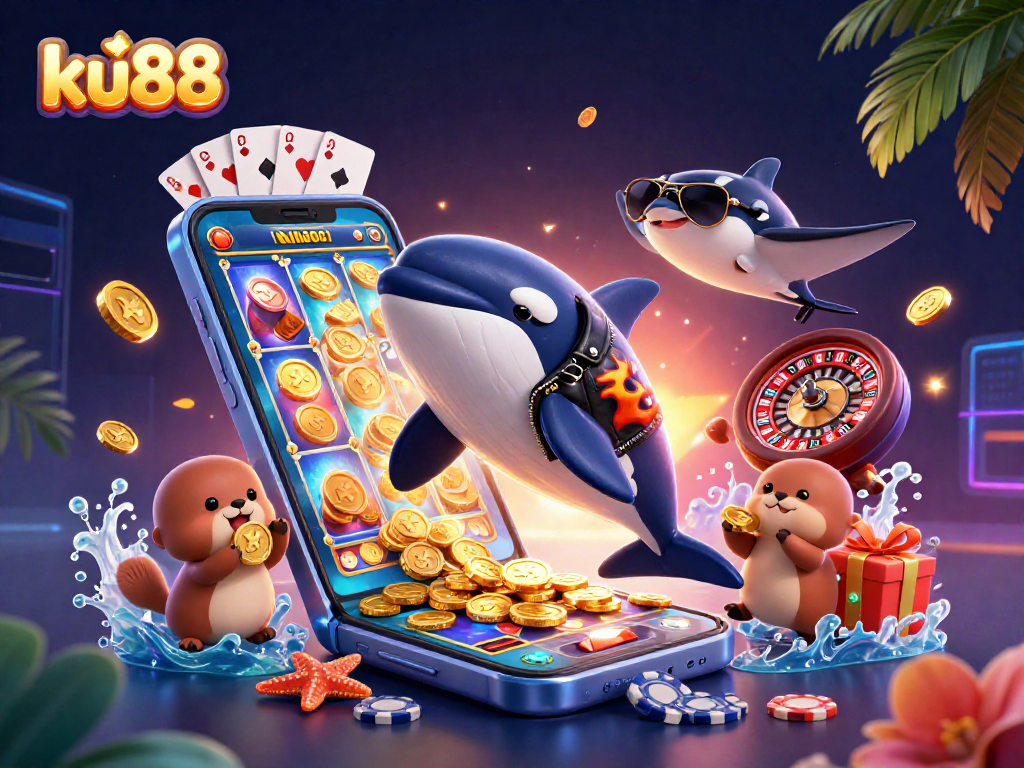 ku88 gaming scene with a whale, stingray, and otters celebrating wins with vibrant casino elements