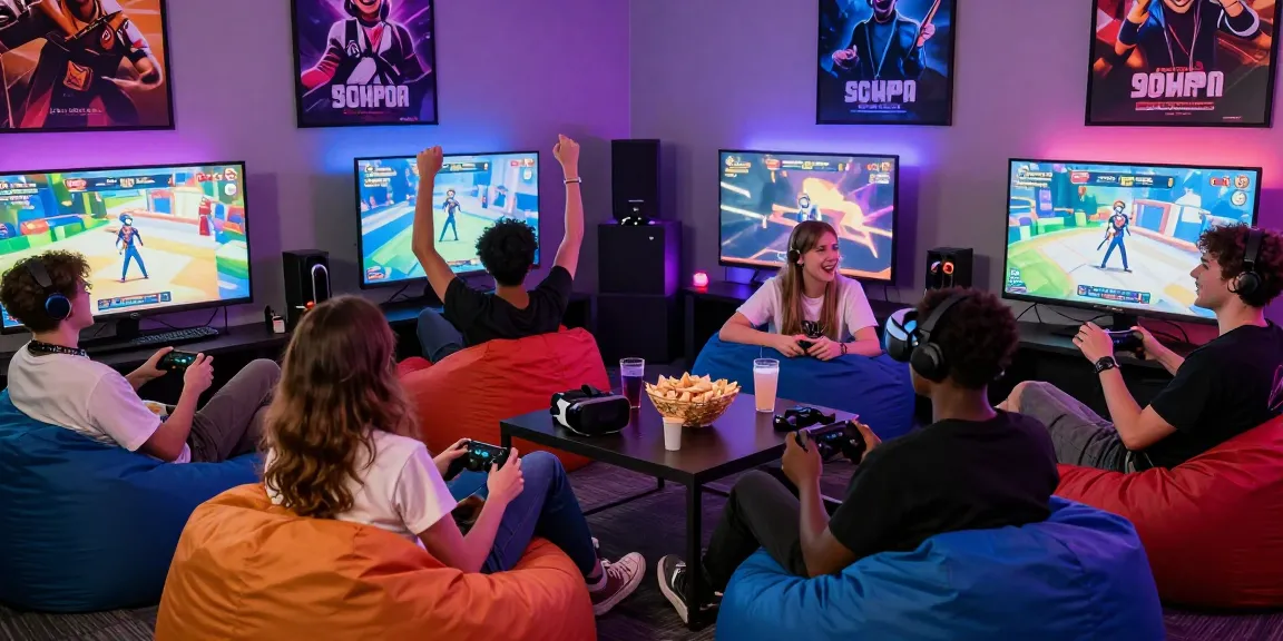 Friends engaging in a gay porn game in a lively gaming lounge atmosphere, surrounded by colorful decor.