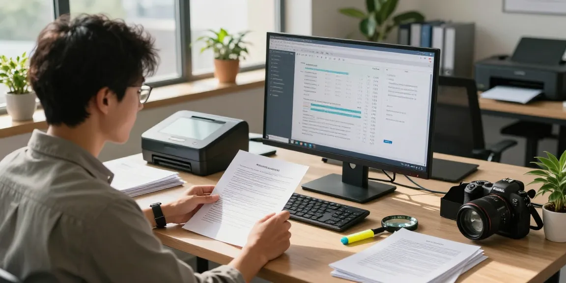 Document fraud detection analysis in a modern office workspace with an analyst reviewing documents and data.