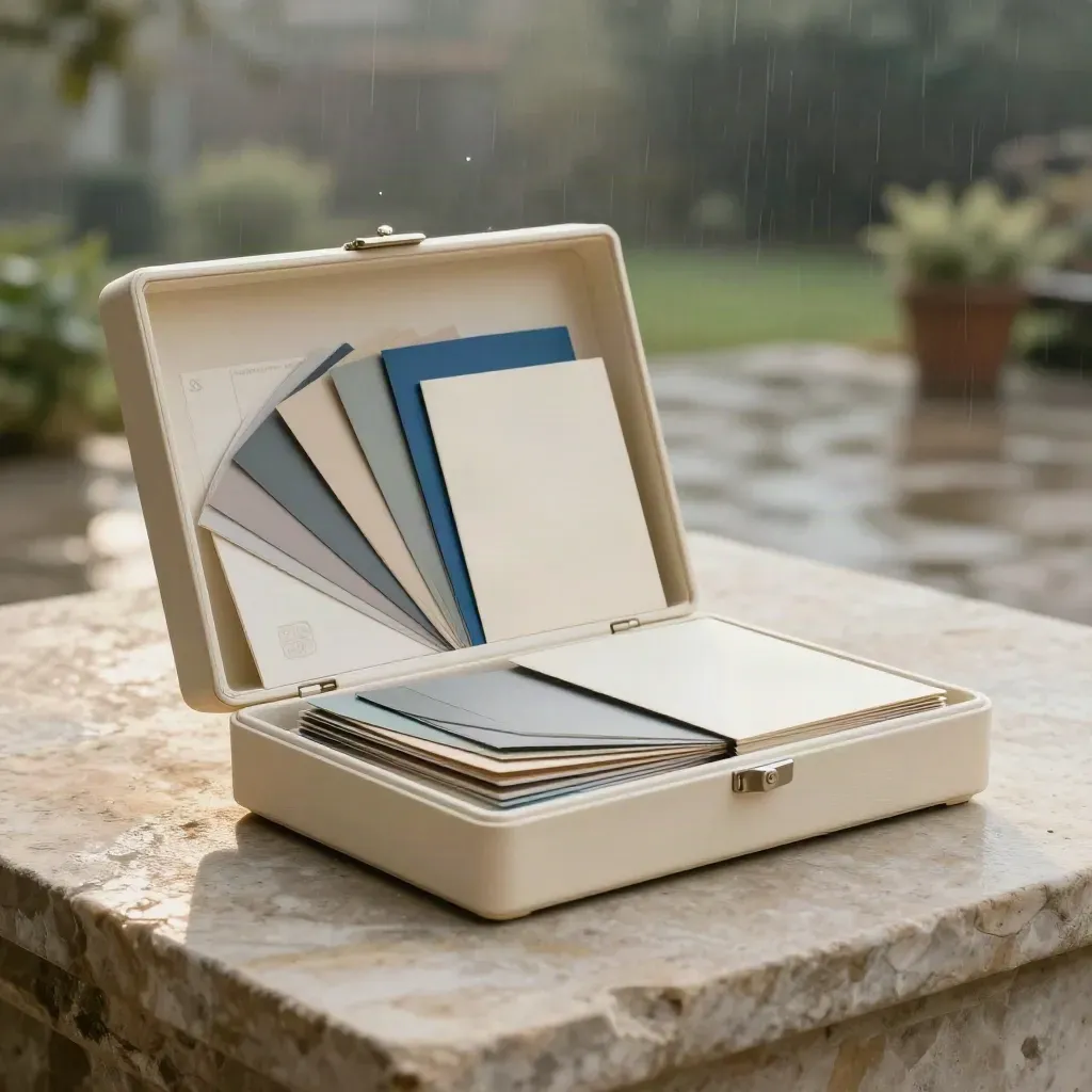 Kit colori per brand aperto su terrazza di pietra, con mazzette cromatiche e luce dopo la pioggia.
