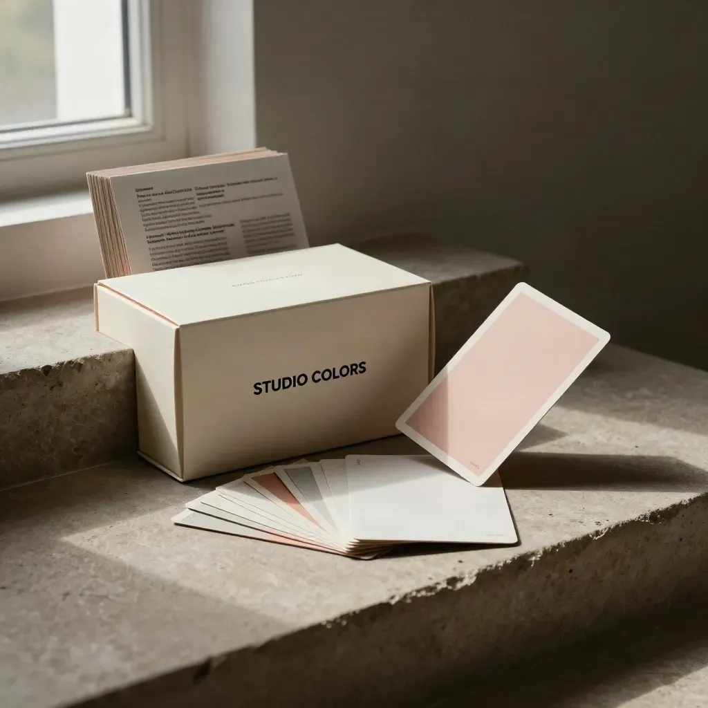 Box crema con carte palette e fogli social su gradino in pietra, luce drammatica.