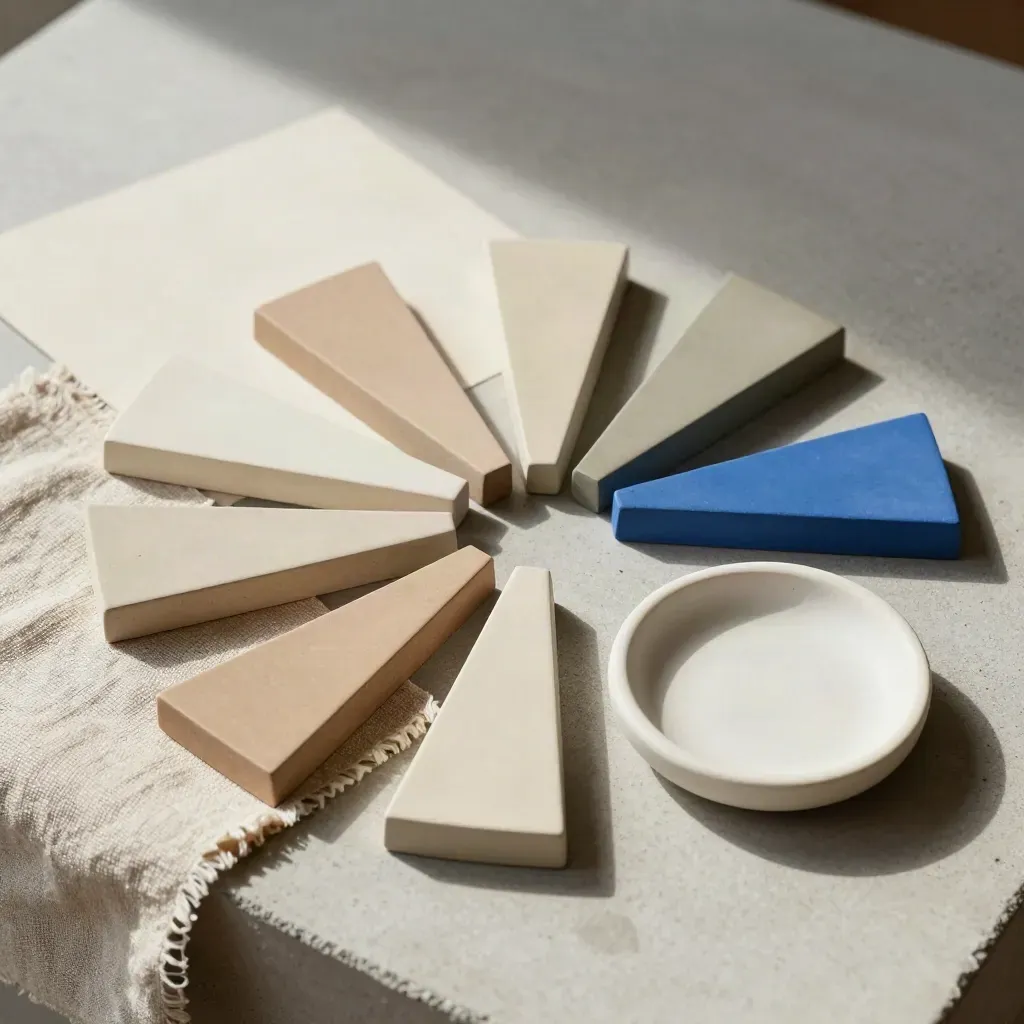 Flatlay di campionario colori con chip, lino e ciotola ceramica su cemento chiaro.