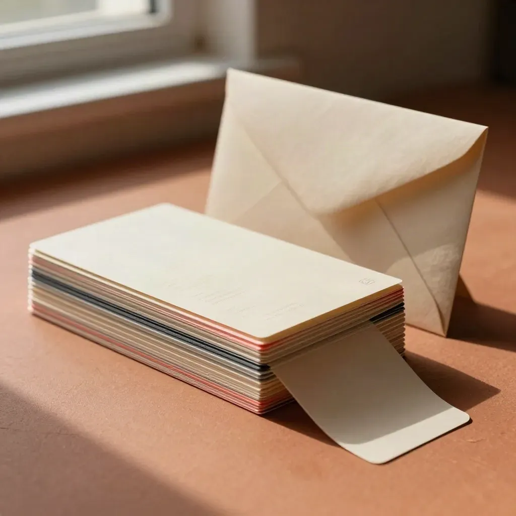 Primo piano di card colore sovrapposte con busta opaca e riflessi corallo su fondo terracotta.