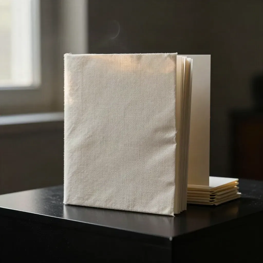 Fascicolo guida in lino, carta e campioni crema su base nera, luce drammatica.