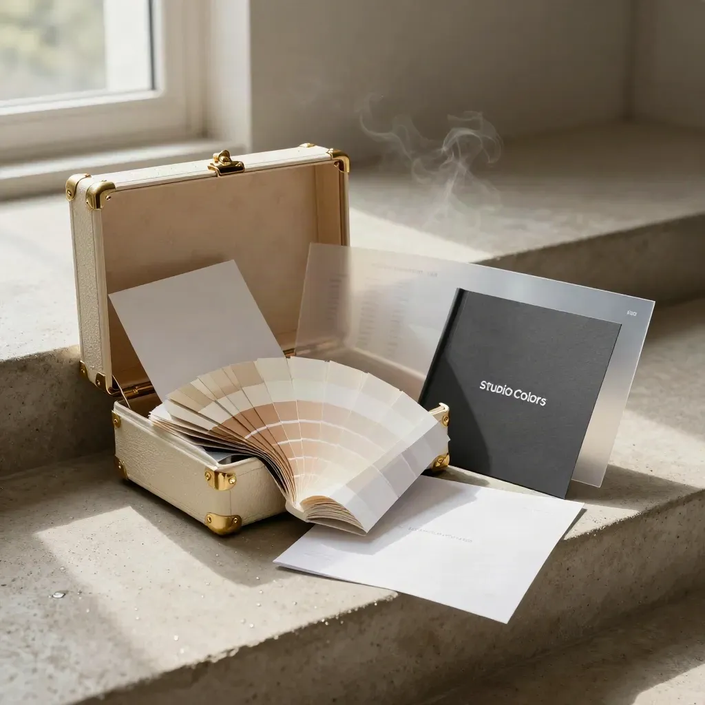 Bundle brand creativo su gradino in cemento, con palette, cartella e mockup in toni crema e antracite.