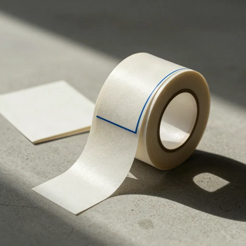 Kit etichette in carta con rotolo aperto e striscia piegata su cemento.