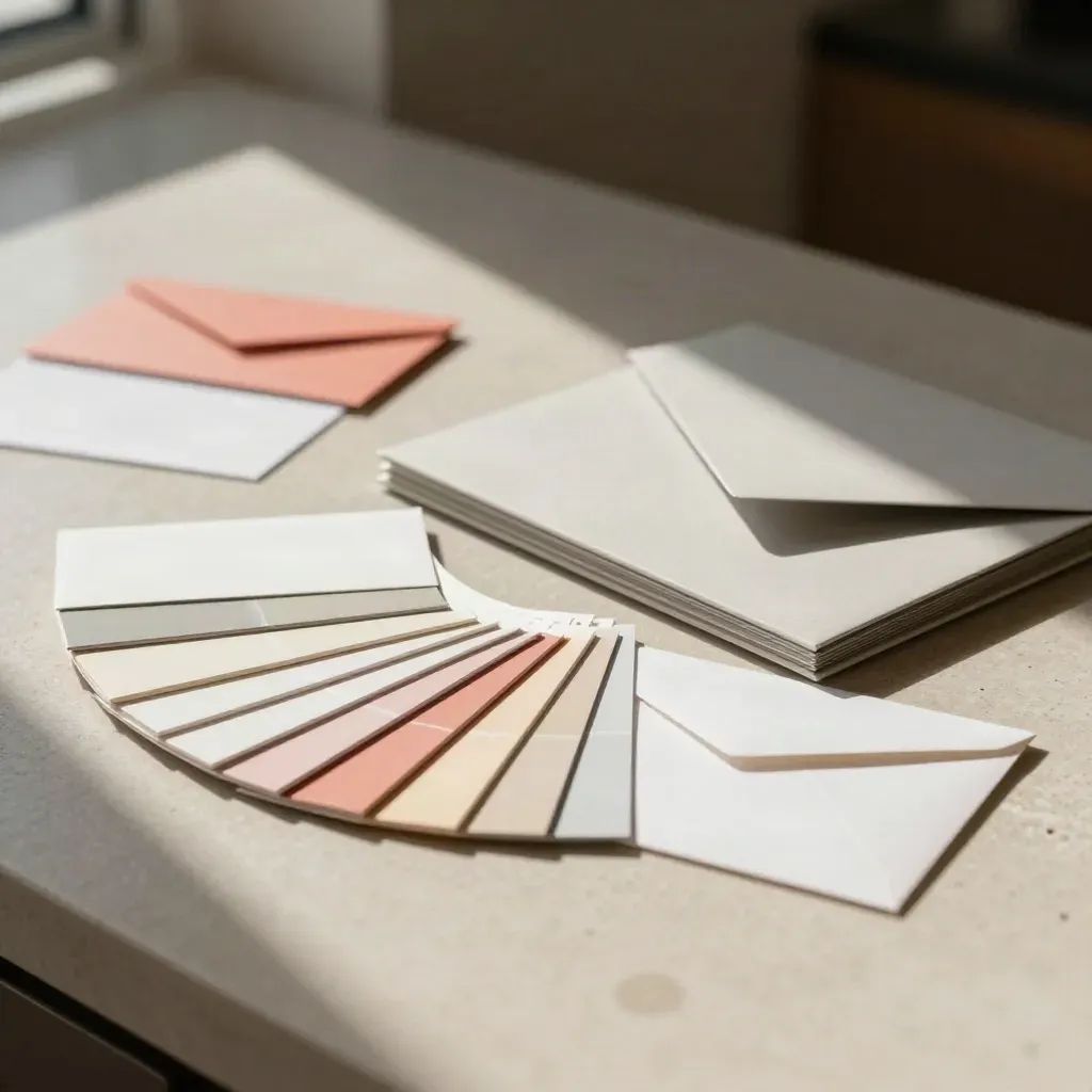 Set colori rapido con chip, cartella prova e busta campione su pietra chiara.