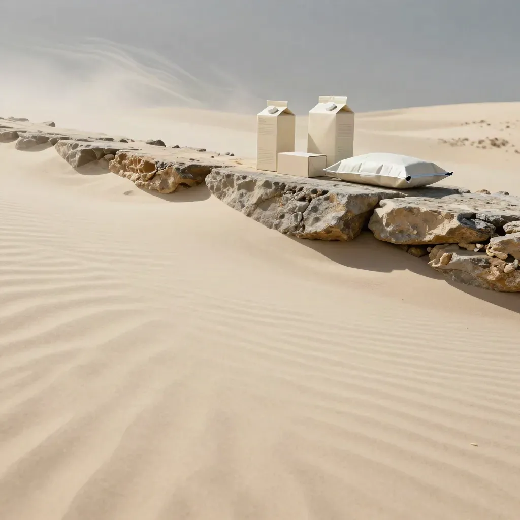 Dune di sabbia chiara con packaging neutro e bordo di pietra, luce morbida e spazio per testo.
