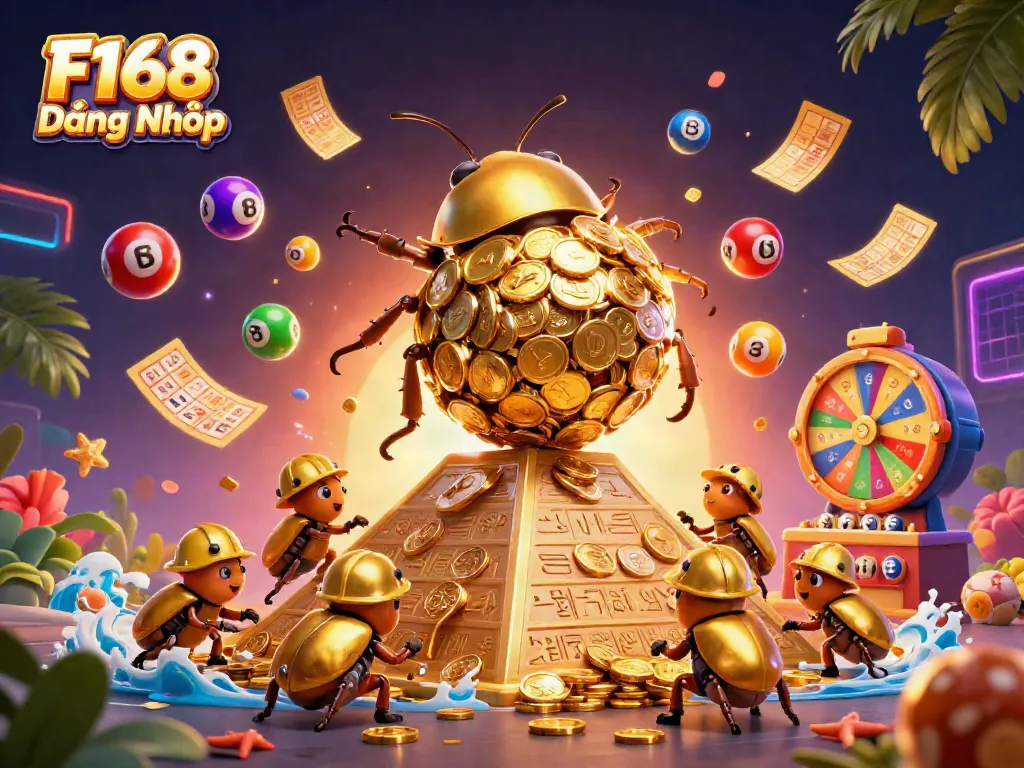 Engaging F168 Đăng Nhập illustration of golden beetles aiding a casino-themed pyramid.