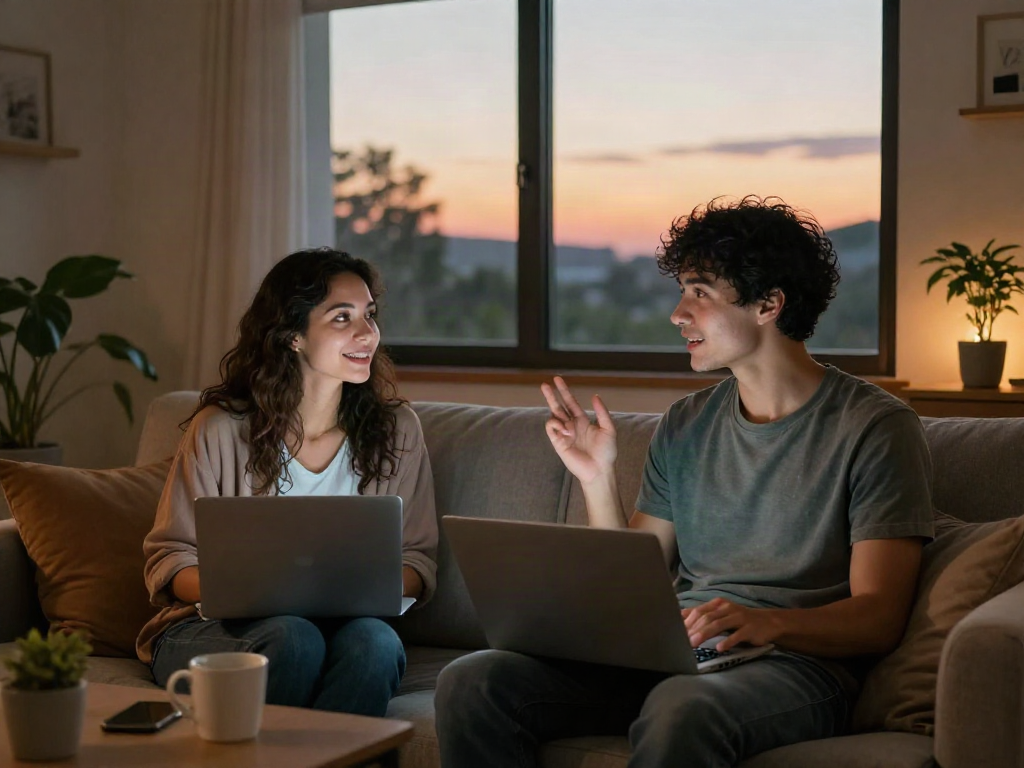 Engaging conversation through free ai sex chat with a couple interacting warmly in a cozy setting.