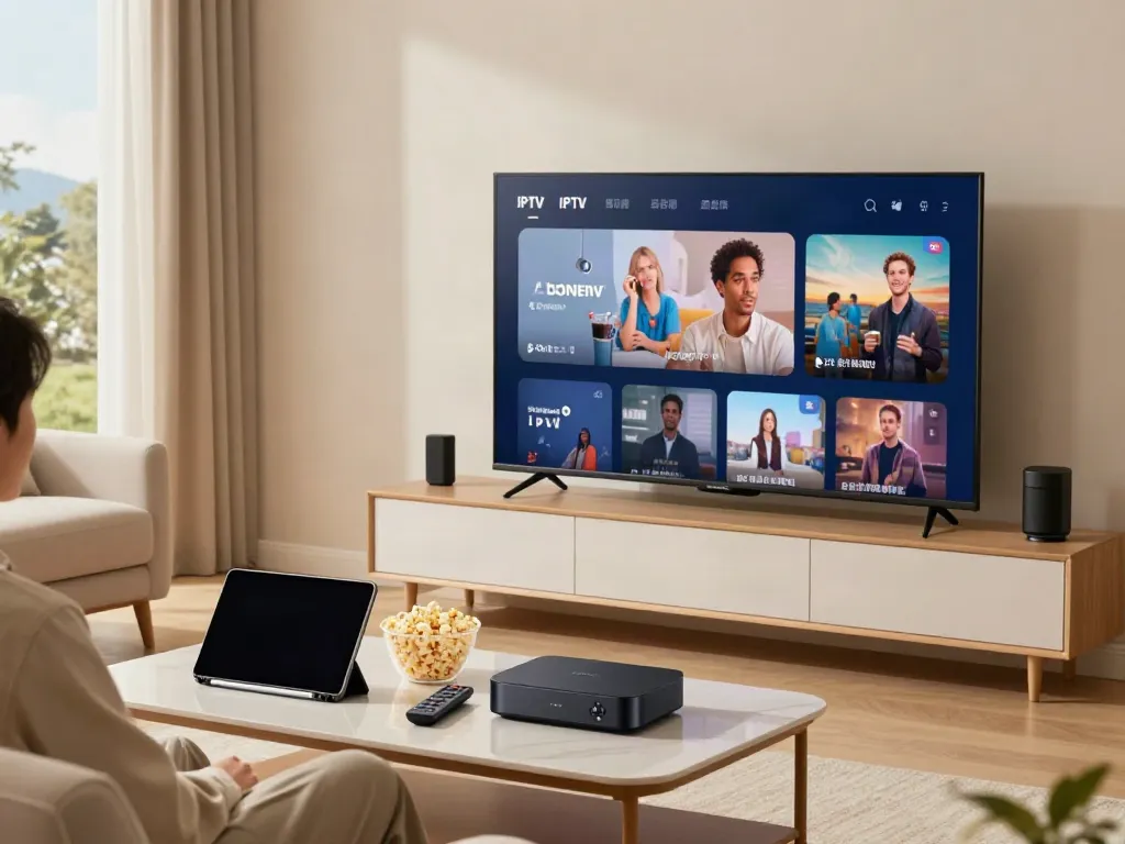 Person testing IPTV in a cozy living room with multiple streaming devices.