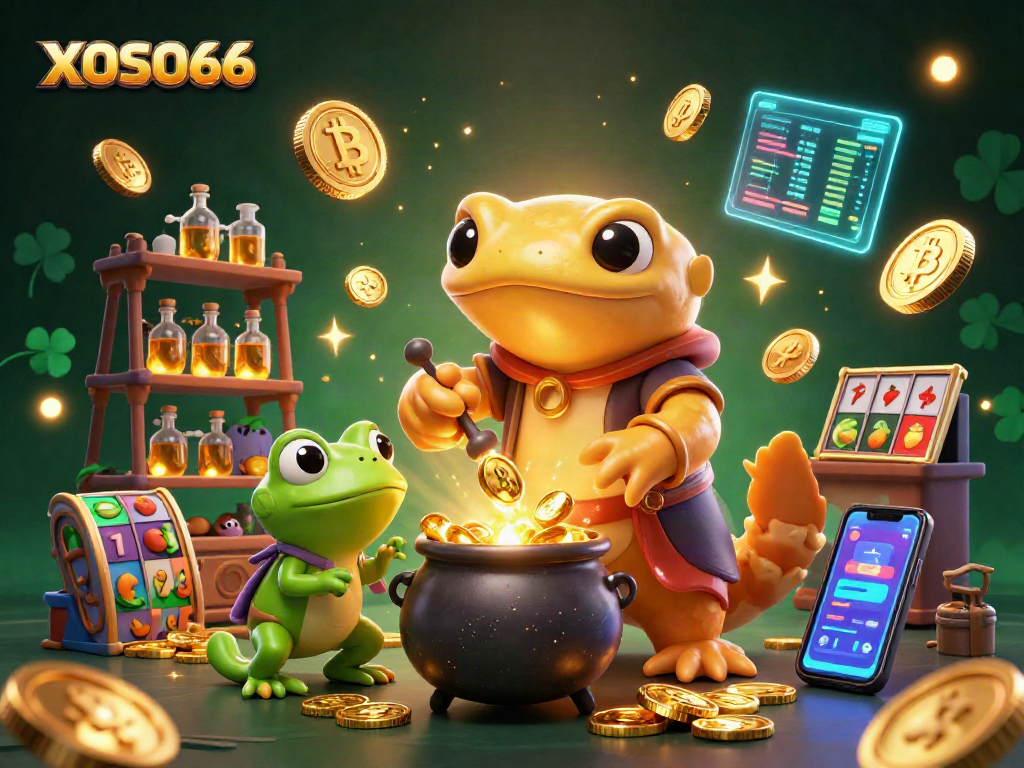 XOSO66 showcases a vibrant scene with an alchemist creating gold coins amidst slot reels and crypto elements.