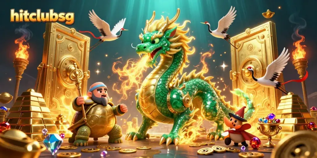 Engage with hitclubsg's vibrant gaming world featuring a jade dragon and lucky elements.