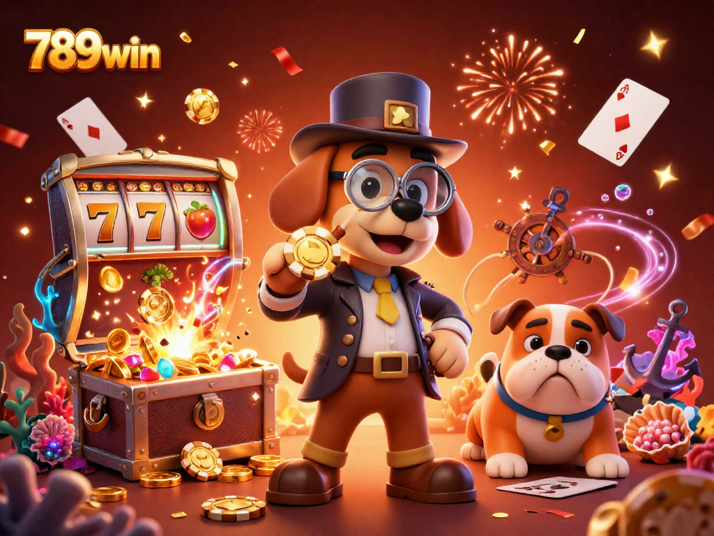Engage with thrilling adventures at 789win, featuring a detective and bulldog exploring exciting casino treasures.